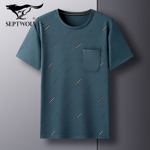 Septwolves (Septwolves) Sommer-Männer kurzärmelig T-Shirt mit mittleren Nacken mit mittleren Nacken mit Middle Color Color Top Herren lose, halbärmelige Taschen Live DX-691 Lake Blue M 165/Vorgeschlagen 120jin [Jin gleich 0,5 kg] oder weniger
