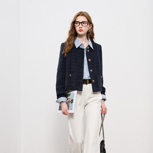 Drei Farbe 2025 Herbst Neuer alte Qianfeng Xiaoxiang Jacke Loose Short Round Neck Cardigan Einbrust m Navy-Vorverkauf [Zahlung innerhalb von 15 Tagen] M 160/84A gesendet