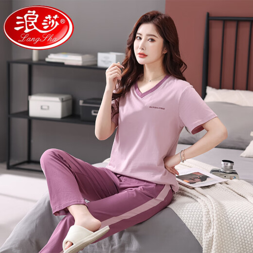 LangSha pajamas women's pure cotton short-sleeved trousers in summer 2025 new home clothing set casual, comfortable and simple, can be worn outside 7374 bean green M 80-100Jin [Jin equals 0.5 kg]