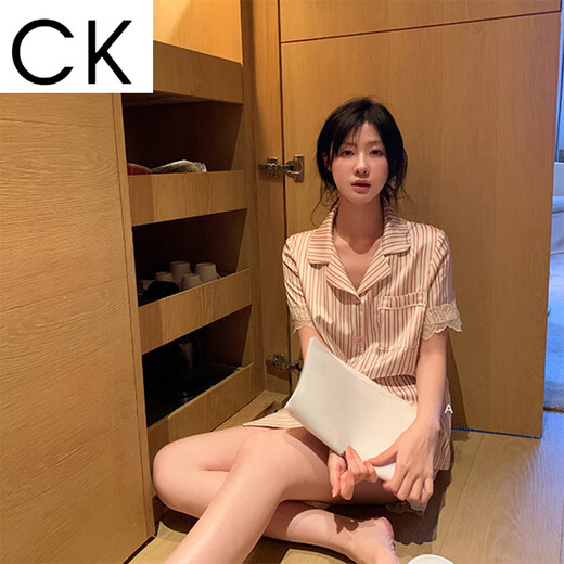 CK lace striped ice silk pajamas for women ins spring and summer ins windy home clothes can be worn outside LW-9214 [fabric] M [recommended 80-100Jin [Jin equals 0.5 kg]]