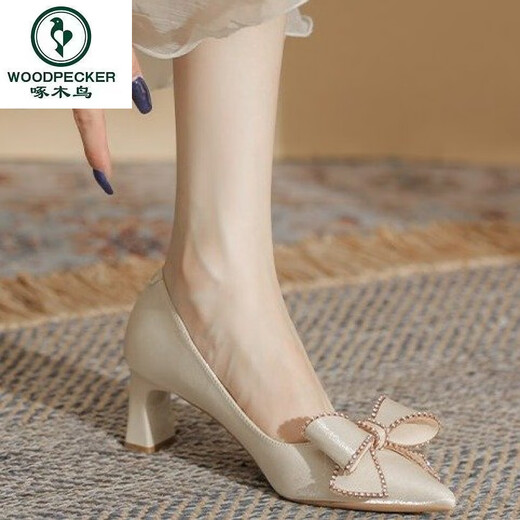 Specht Strass-Bogenhoch Heels Frauen 2025 Neue dicke Ferse Hochzeitsschuhe Haupthochzeitskleid Spitz Zeh Leichte Mund Single-Schuhe Brautjungfern Schuhe im Falle 38 38