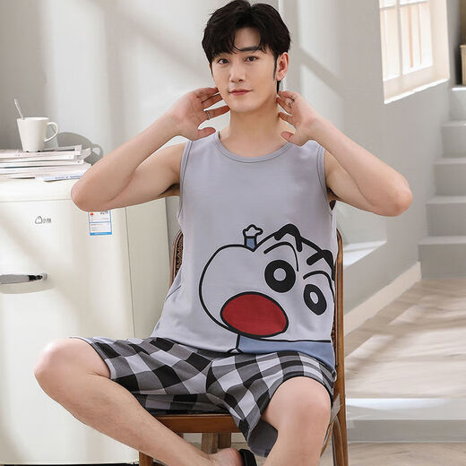 Moxiao vest shorts sleeveless cotton pajamas men's summer student home clothes spring and summer suit summer plus thin cotton vest shorts: 1365 coffee bear M teenage version: 60-75 Jin [Jin equals 0.5 kg] high 150
