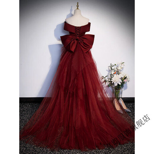 Zhenji burgundy fishtail evening dress female bel canto solo vocal art test toast annual meeting host one-shoulder light wedding dress burgundy M