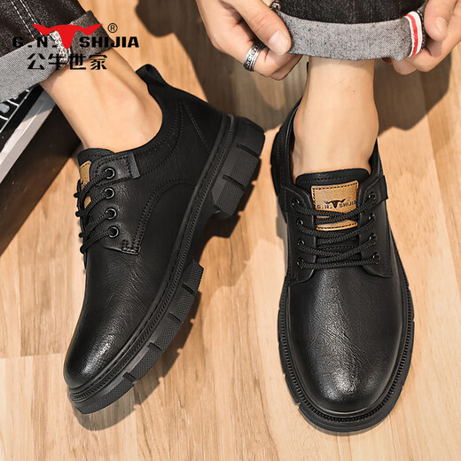 Bull Family Men's Shoes 2025 Spring New Retro Leather Shoes Men's Business Casual Shoes Men's British Soft Sole Low-top Martin Boots Black Four Seasons Single Shoes GN123101753 40 (Sports Shoe Code)