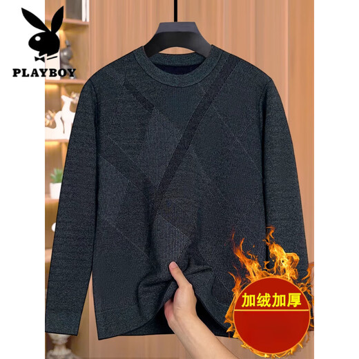 花花公子（PLAYBOY）爸爸秋冬装加绒加厚毛衣中年男士保暖针织打底衫中老年人爷爷上衣 两件装12805黑灰加绒+12805紫 XL 52 130-145斤左右