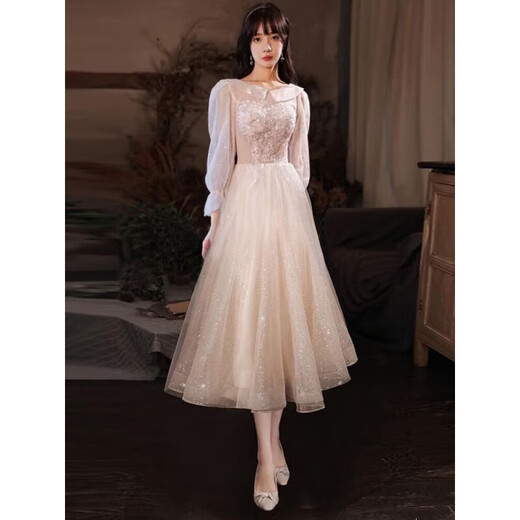 Ayub Student Graduation Ceremony High School Senior Dress 2024 New Small Adult Ceremony 18th Birthday Bridesmaid Dress Women Summer 19 Champagne Long Short Sleeve L