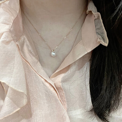 Fat Donglai's same style akoya pearl pendant 18K gold diamond princess style Japanese perfect round bright light necklace one pearl necklace with diamonds