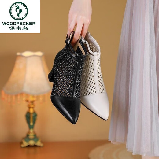 
Woodpecker 2025 new high heeled sandals braided temperament pointed toe thick heeled sandals women's mesh boots summer mesh women's shoes black 38