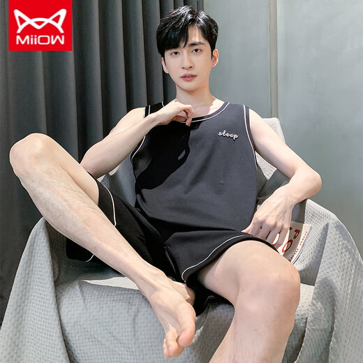Catman Miiow Pajamas Мужской летний жилет без рукавов Чистый хлопок Тонкий стиль для молодых средних мужчин с короткими рукавами плюс размер 9928 XL Men (рекомендуется 130-150Jin [Jin равняется 0,5 кг])