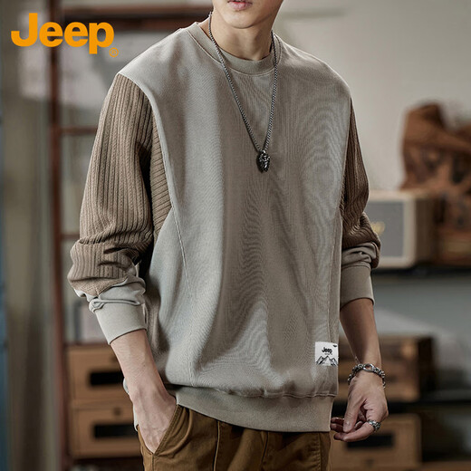 Jeep (JEEP) sweatshirt men's color matching autumn and winter loose T-shirt bottoming shirt casual heavyweight men's clothing apricot color matching XL