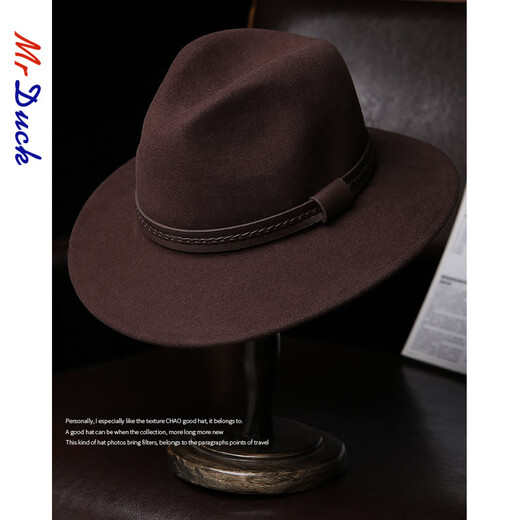 Mr DUCK New Product Imported Australian Top Hat Leather Ribbon Western Cowboy Hat Autumn and Winter Retro Hat Tibetan Felt Hat MW216245-Brown (5cm small side) Regular size (56-58cm)