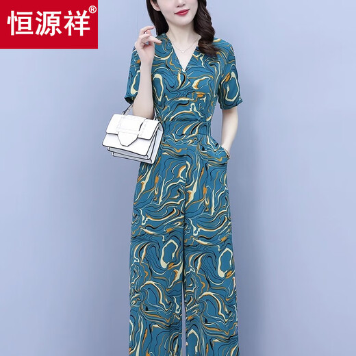 恒源祥2025夏季薄款时尚气质连衣裤感V领中老年人阔腿连体裤套装女 绿色【好质量】 【工厂直销】 L 100-120斤