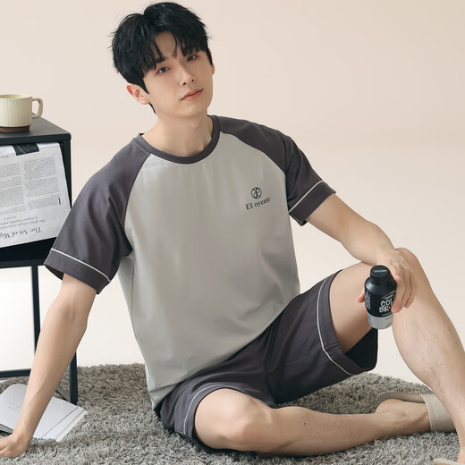 HUALIN FASHION2025夏季条纹睡衣男士青少短袖棉质家居服大码 HDE-9928 175 L