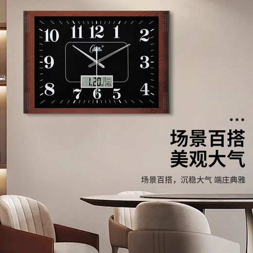 Corloge murale combasi salon Square Simple Clock Home Office Hanging montre une horloge électronique Calendrier à domicile Utilisation 6626 Grain en bois Disque noir avec calendrier 49 * 34 cm