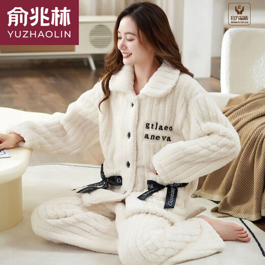 Pajamas d'hiver de Yu Zhaolin pour femmes, manches longues en flanelle en peluche épaissies, Velvets à corail de grande taille Velvets doux Douveuses vêtements en deux pièces T679Luna White Moonlight, super épaisse L Taille: recommandée (100-120Jin [Jin est égal à 0,5 kg]))