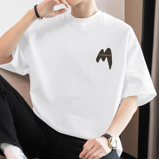 Kazuki Kuraishi Trendy Marke Heavyweight Cotton Kurzärmel-T-Shirt für Männer 2025 Neuer Sommer-Hochwerte Rund-Hals lose halbärmelige T-Shirt für Männer M09-694 Khaki S [80-100jin [Jin gleich 0,5 kg]]