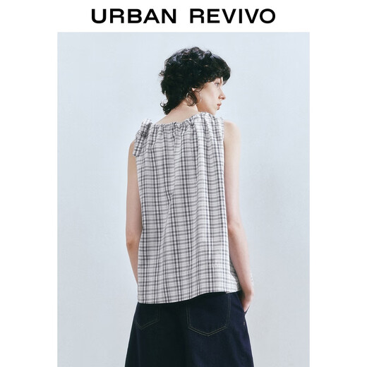 UR2025 Summer New Women's Simple Check Randeveless Tie-Fitting Ship Blous
