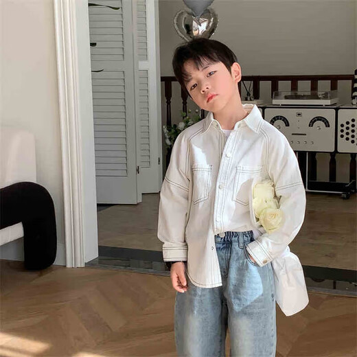 Children's clothing boys' contrasting line shirts 2025 new children's shirts spring and autumn styles for medium and large children long-sleeved trendy autumn tops green 130