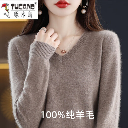Woodpecker sweater women's pure 2026 spring and autumn new V-neck sweater loose pullover long-sleeved velvet knitted bottoming shirt gray 2XL