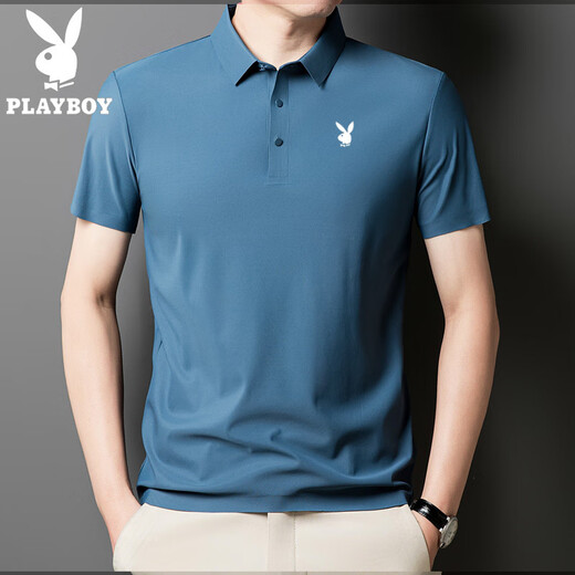 Playboy (PLAYBOY) high-end men's short-sleeved POLO shirt 2025 summer new ice silk traceless T-shirt top fashion trend Medium gray-12358-ice silk POLO shirt 5XL 185-200Jin [Jin equals 0.5 kg]