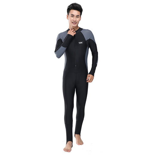 Wetsuit Full Body Waterproof Men's One-piece Jellyfish Suit Long Sleeve Long Pants Snorkeling Quick-drying Warm Swimsuit Large Size Winter Swimming Black and Gray Long Sleeve + Swimming Cap + Swimming Goggles + Earplugs and Nose Clip M Recommended 98-115Jin Jin is equal to 0.5kg