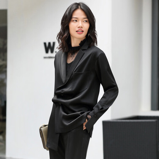 AMII Women's 2025 Minimalist European Station Suit Casual Pants Suit Autumn New Medium Long Loose Lapel Outer Black (Top) XL 170/92A