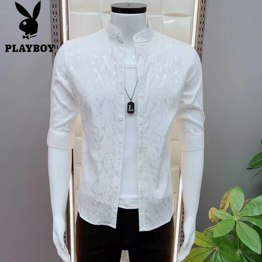 Playboy (Playboy) Модная и универсальная новая жаккардовая мода в середине рубашки мужская корейская корейская повседневная рубашка Летняя красивая тонкая 687 модная белая рубашка XL подходит для 116-125 Джин [Джин равняется 0,5 кг]
