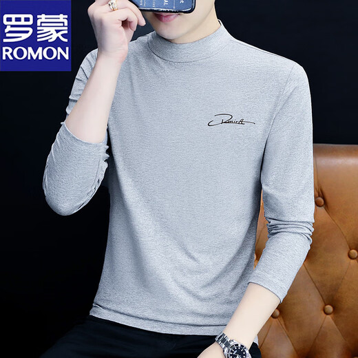 罗蒙（ROMON）男士打底衫纯棉秋冬加厚莫代尔半高领长袖t恤上衣服内搭中领秋衣 C6187黑色 M