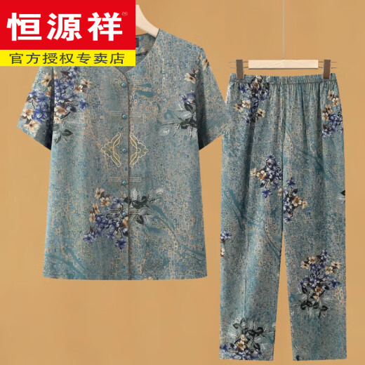 恒源祥中老年人夏装套装女奶奶纯棉绸短袖衬衫太太母亲节妈妈绵绸两件套 687#绿色【套装】 XL 【建议80-100斤】