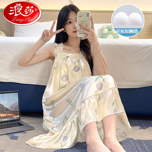 浪莎（LangSha）轻奢高档睡裙女夏季自带胸垫冰丝凉感吊带睡衣夏天女士甜美可爱家 3887【不可拆胸垫】 M 【75-100斤】