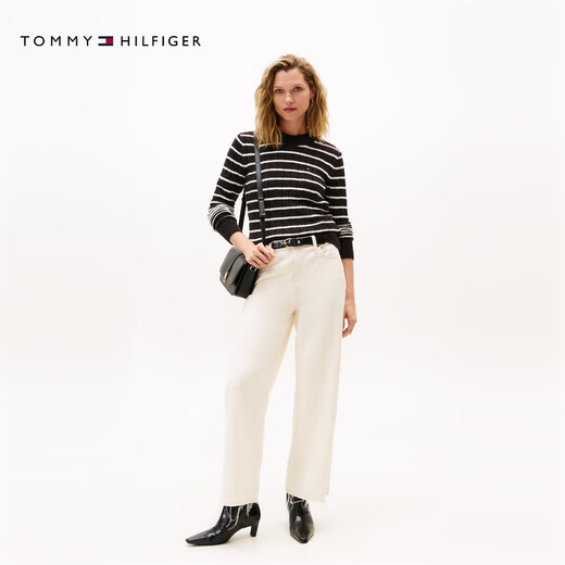 TOMMY HILFIGER [Circh Texture] 25 new autumn and winter women's striped sweater solid color round neck knitted cardigan [Striped Circh] Black and white striped BDS XS (recommended: 100 Jin [Jin equals 0.5 kg] or less)
