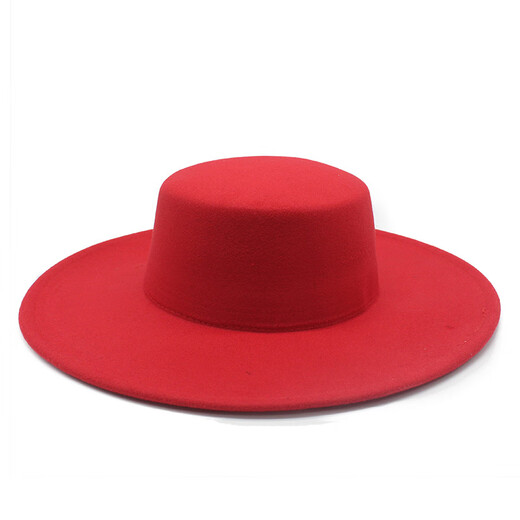 Select European and American retro British wide-brim flat top hat large-brimmed jazz hat autumn and winter fashionable casual felt hat for men and women red normal size suitable for 56-58cm head circumference