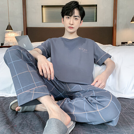 CarsemKeitn睡衣男士夏季短袖长裤简约家居服薄款棉质男大码青年学生休闲睡衣 QX3527 L