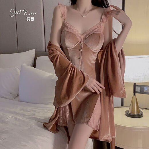 80-160斤性感蕾丝深V加胸垫甜美睡裙外袍丝绒家居服套装 3879黑色外袍+腰带 均码建议80-160斤
