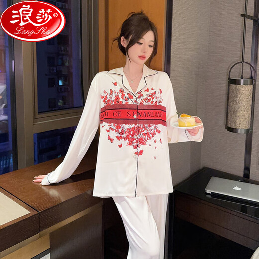 浪莎冰丝睡衣女春秋长袖夏天薄款2024新款网红高级感仿丝·绸家居服 13807#粉色[高品质冰丝；山茶花] M [建议80-100斤穿]