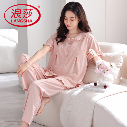 LangSha pajamas (LangSha) women's pure cotton sweet age-reducing with chest pads and feels temperament loose short-sleeved trousers princess style home clothes 694 shrimp powder (with chest pads) M [Suggested 90-110Jin [Jin equals 0.5 kg]]