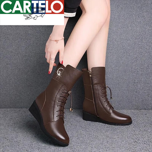 CARTELO crocodile (CARTELO) wedge boots women's mid-calf boots soft leather women's shoes fashion short boots 2025 Martin boots autumn and winter mother's cotton boots brown plus velvet 38