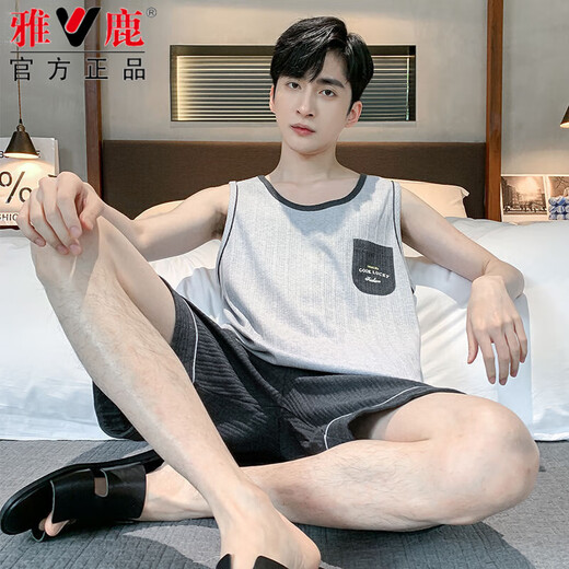 雅鹿睡衣男士夏季纯棉新款背心短裤休闲运动家居服套装大码无袖夏天 OMM-13063 L (100-125斤)