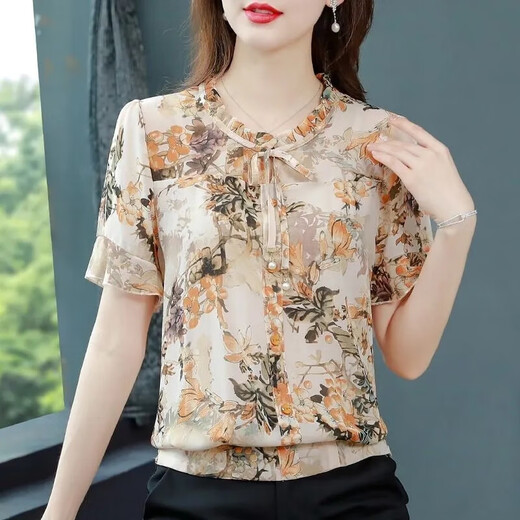 2025 new summer short-sleeved shirt for women's floral chiffon shirt loose slim top mother's fashionable shirt yellow 3XL [Suggested 130-140Jin [Jin equals 0.5 kg]]