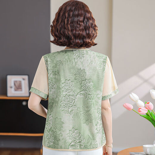 No1 Darano1dara Summer à manches courtes à manches à manches courtes T-shirt Mères d'âge moyen et âgées Top Summer Women's Grand-mère Shirt [681] T-shirt Green XL 90-105Jin [Jin est égal à 0,5 kg]
