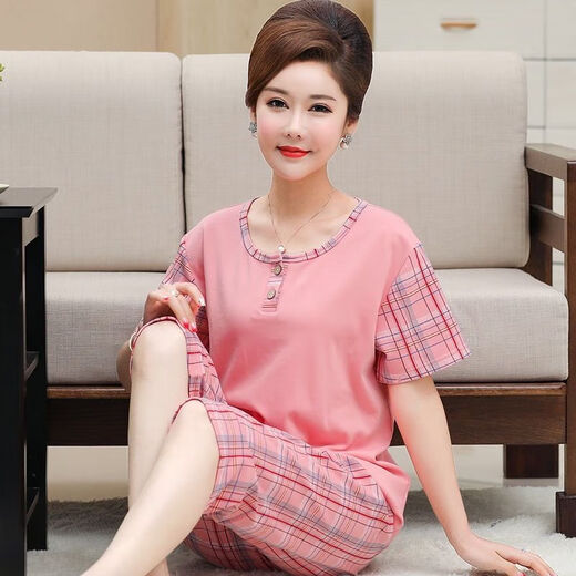 Pajama madre de mediana edad para mujeres en verano algodón puro pantalones cortados de manga corta más grasa más ropa de gran tamaño para el hogar Traje de mediana edad y ancianos T3937 2XL (135-155Jin [Jin equivale a 0.5 kg])