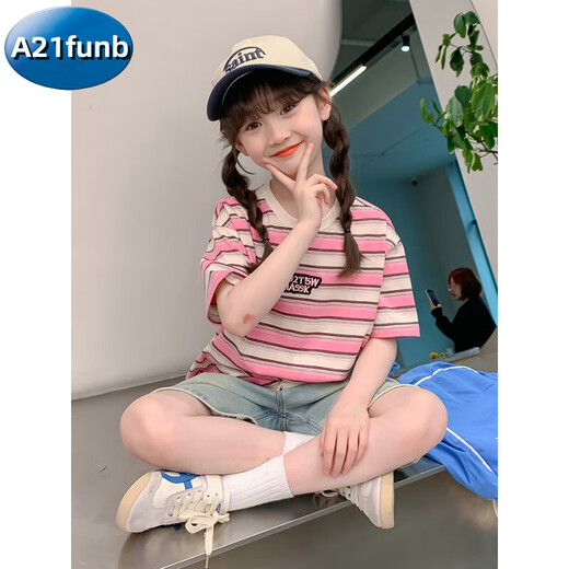 A 21 FUNB女童夏装短袖T恤夏款2025新款女大童条纹半袖儿童夏季上衣薄 DY11980红色 110 cm