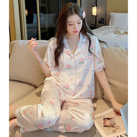 浪莎水蜜桃蕾丝睡衣女夏款冰丝滑感短袖长裤甜美家居 YFY-9905#短袖长裤 L 建议100-115斤