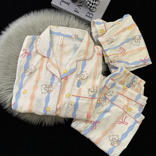 Jingpufei cartoon puppy pajamas for women in summer thin cotton silk home clothes three-piece set Yunduo Cotton-9906# Star puppy three-piece set M [Suggestion 75-100Jin [Jin equals 0.5 kg]]