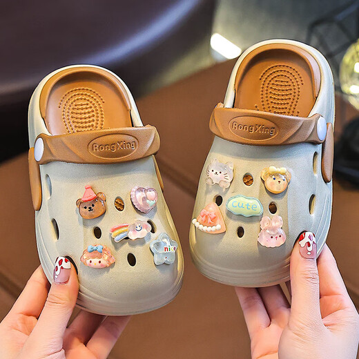 EVA new summer two-color cute cartoon boys and girls non-slip, wear-resistant, breathable, home hole shoes, khaki crystal 32, inner length 20cm