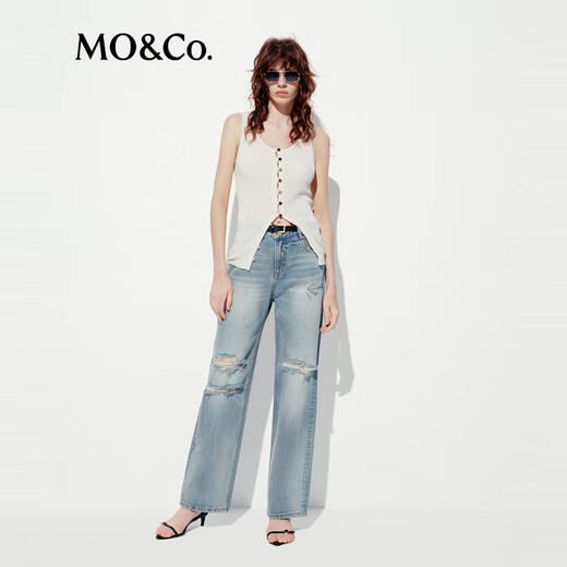 MO&Co.牛仔裤2025夏新品重工绳染手磨破洞中低腰直筒裤MBE2JEN002 牛仔蓝色 XS /XS