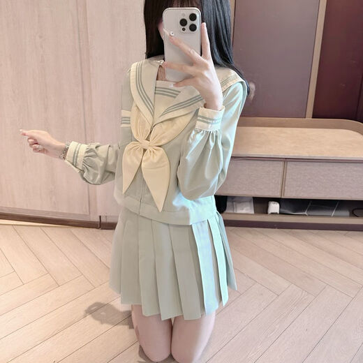 Shenbei Original Genuine Mint JK Uniform Japanese Sailor Uniform Basic College Uniform Student Suit Mint Green Three Short Sleeves + Skirt + Goldfish Knot M