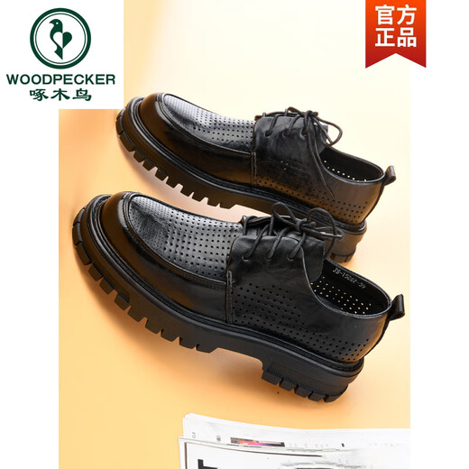 Holzspecker Business Casual Herrenschuhe Sommer atmungsaktive hohle Ledersandalen Herren geschlagene Derby-Schuhe Herren Sommerleder Schwarz Spitze 15267-0 Sommer Panzer Loch 38