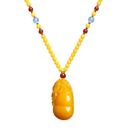 Fat Donglai's same style beeswax pendant gourd water drop pendant amber round bead sweater chain dragon and phoenix carving retro beeswax gourd pendant + bead chain with gift box + certificate
