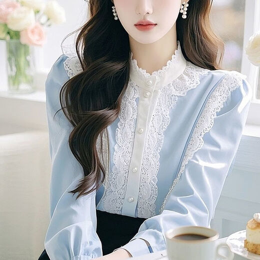 Luo Meng 2025 new high-end temperament blue palace lace stand-up collar shirt women's spring niche unique tops sky blue L 106-120Jin Jin equals 0.5 kg